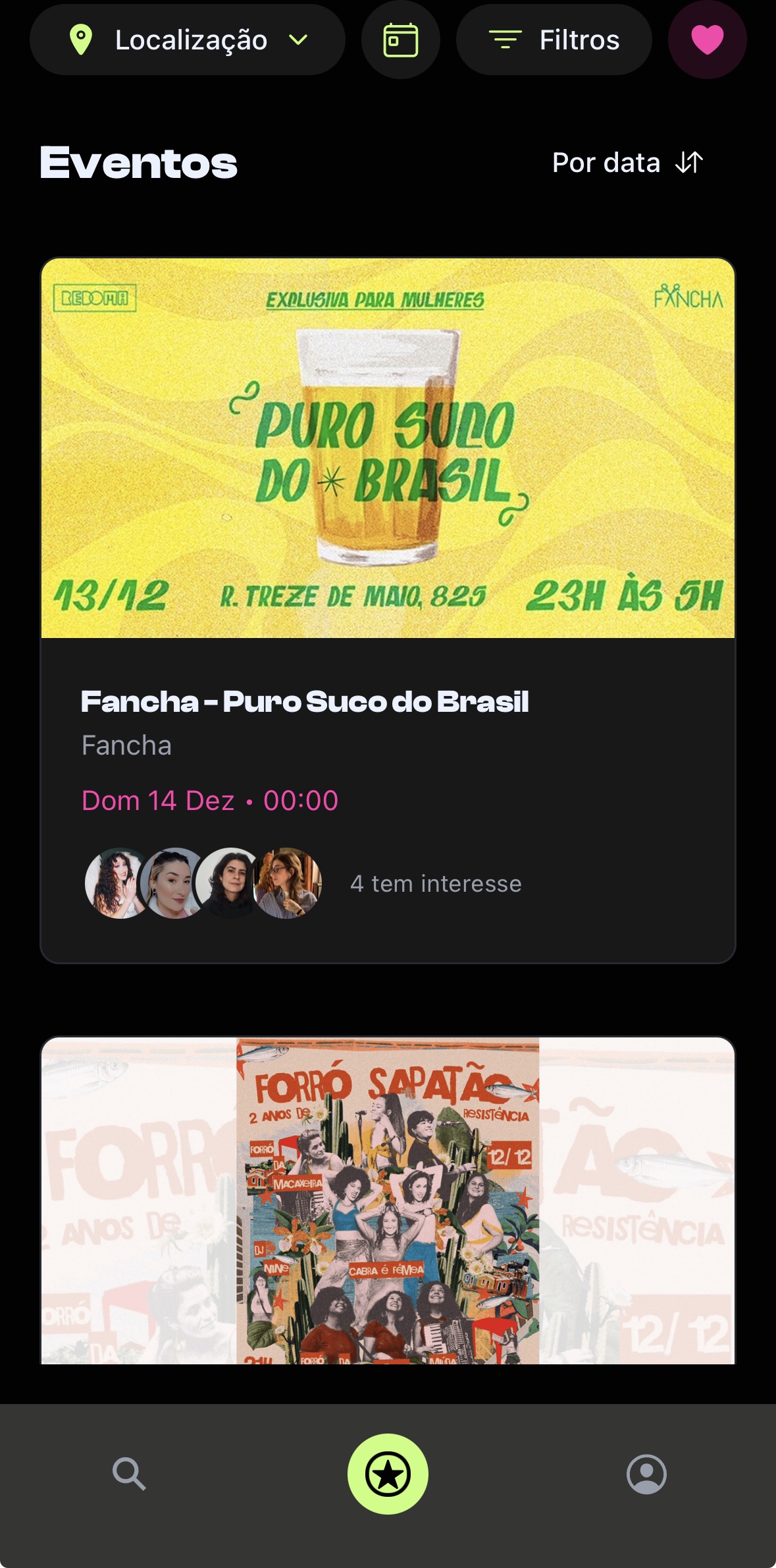 Tela de eventos do app LEZZ com o evento 'Fancha - Puro Suco do Brasil', filtros de localização e barra de navegação inferior