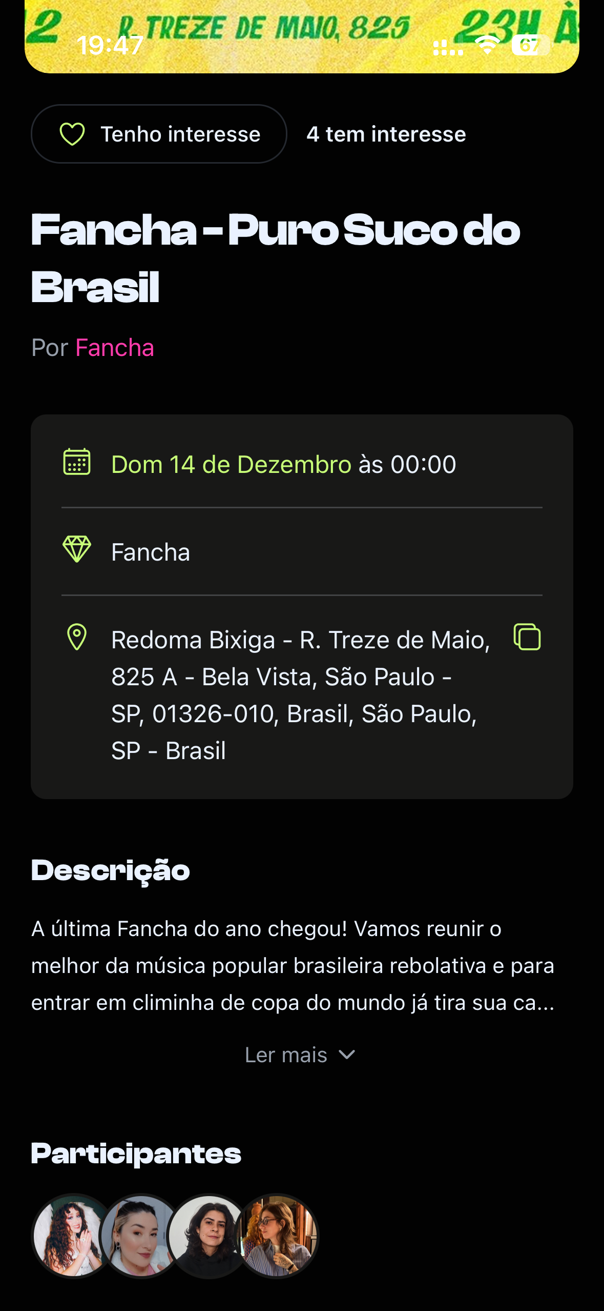 Tela de detalhes do evento do app LEZZ com o evento 'Fancha - Puro Suco do Brasil', descrição e participantes.